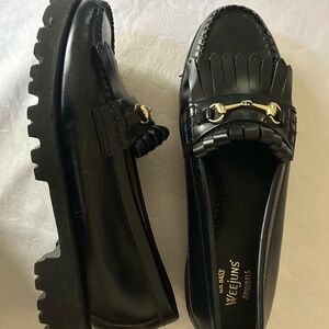 Black Leather Lianna Gold Horse Bit Kiltie Lug sole Loafers  9